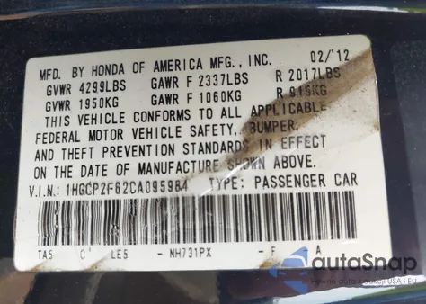 2012 Honda Accord 2.4 Se z USA, uszkodzony, nr VIN 1HGCP2F62CA095984